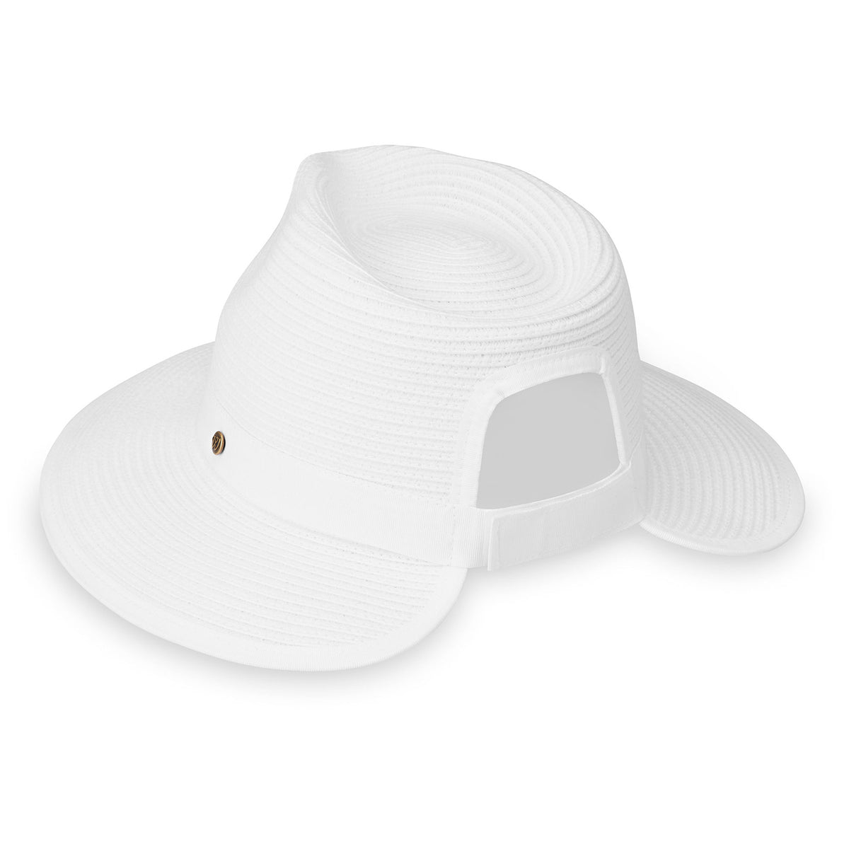 A side and rear view of the Petite Gabi UPF 50+ fedora sun hat in white, featuring a woven crown, an open-back design for a ponytail, an adjustable hook-and-loop strap at the back, and a small metal logo button on the side, shown against a plain white background.