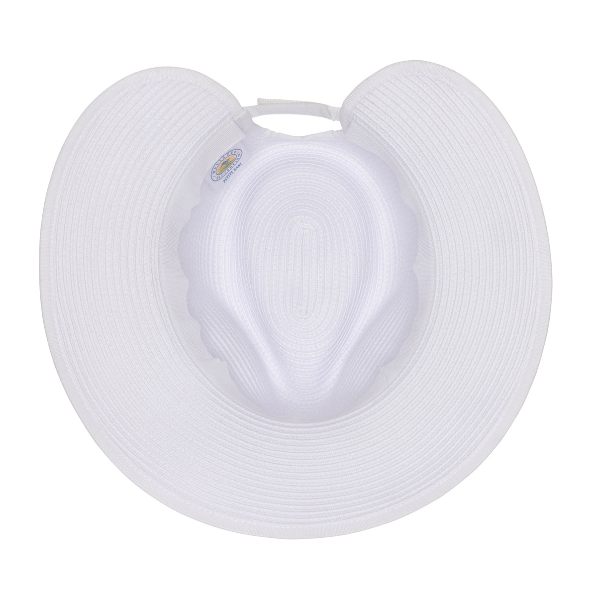 A top-down view of the Petite Gabi UPF 50+ fedora sun hat in white, showing the inside crown featuring a branded tag, and the unique open-back brim for a ponytail with an adjustable hook-and-loop strap, set against a plain white background