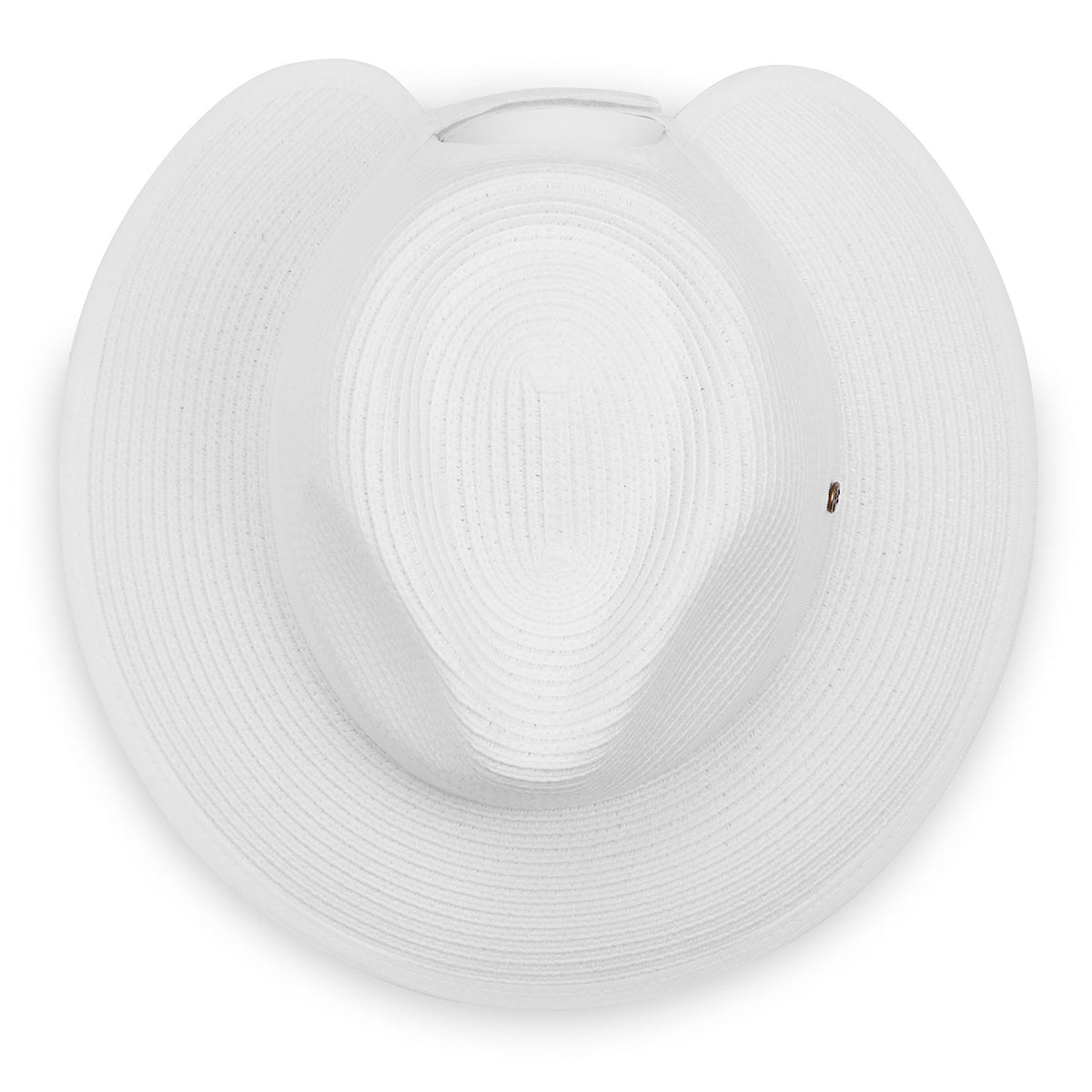 A top-down view of the Petite Gabi UPF 50+ fedora sun hat in white, showing its woven crown, wide brim with an open back for a ponytail, and an adjustable hook-and-loop strap at the nape for a custom fit, set against a plain white background