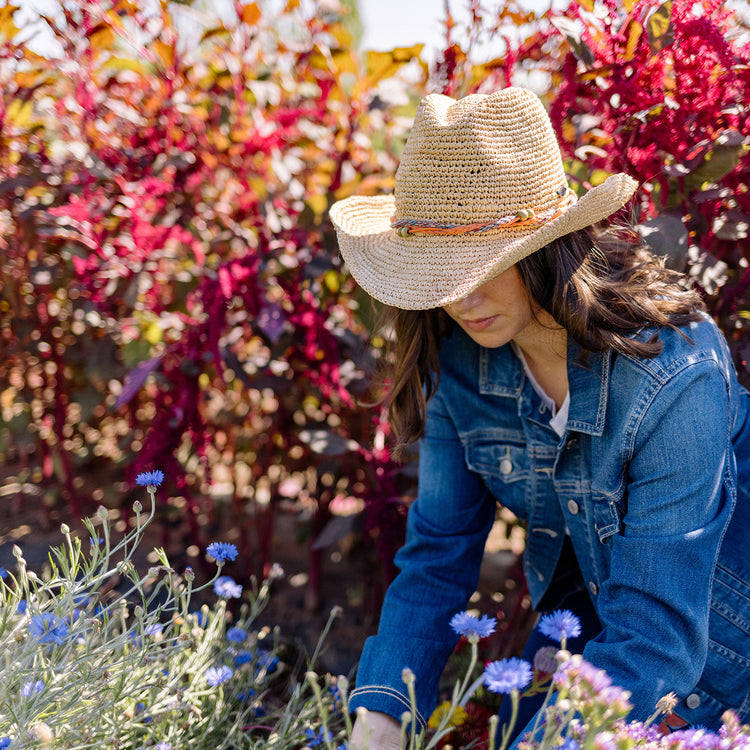 Catalina Cowboy Fedora Sun Hat for women by Wallaroo, made with sustainable fibers, featuring a wide, packable brim perfect for festivals and outdoor adventures, available in Natural