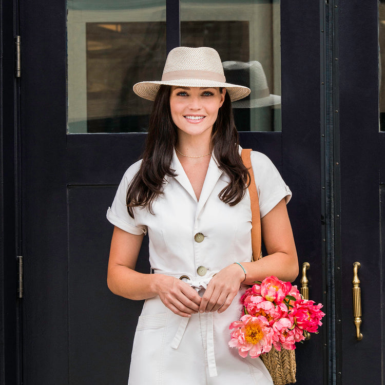 woman wearing a fedora sun hat by Wallroo, Ivory/Taupe