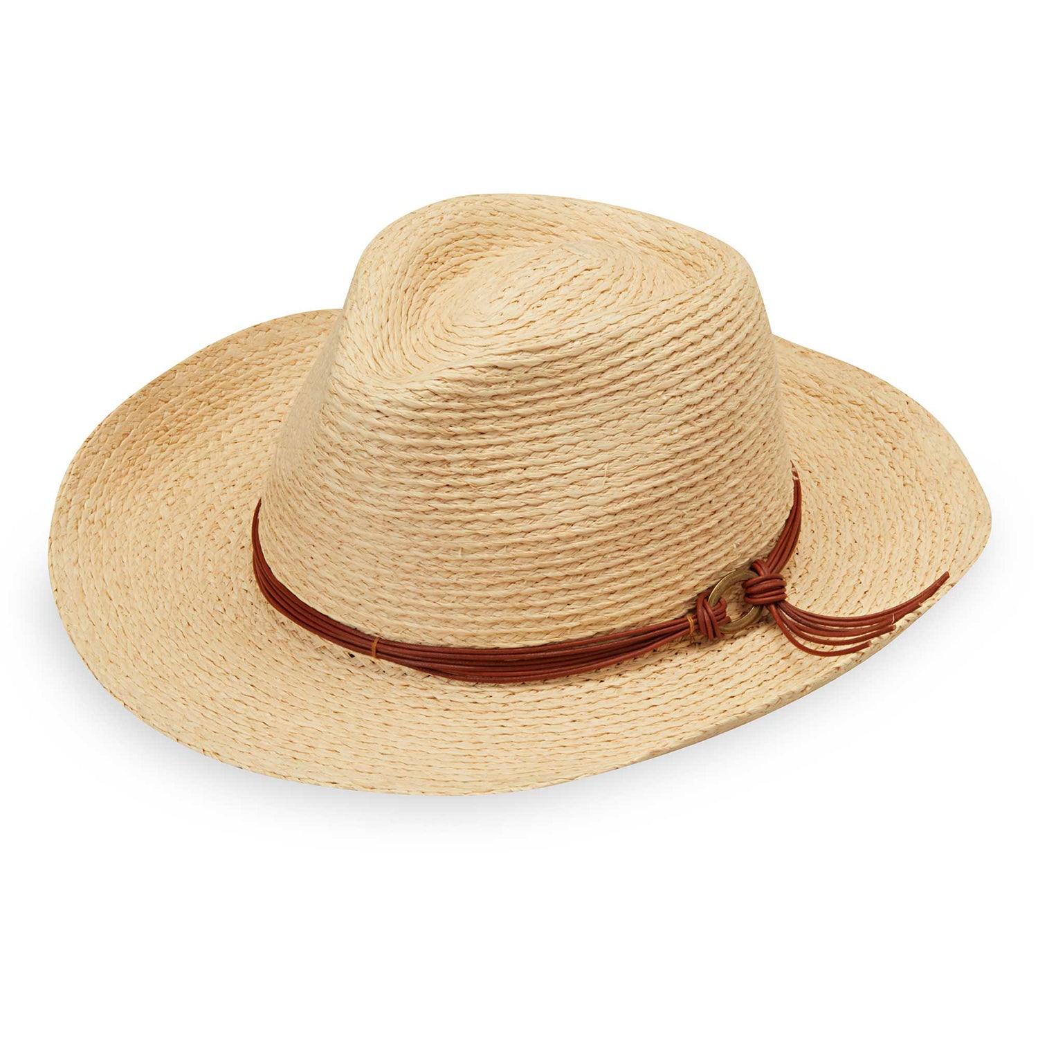 Featuring Quinn straw sun hat by Wallaroo, featuring a fedora crown, leather band, and UPF 50+ rating 
