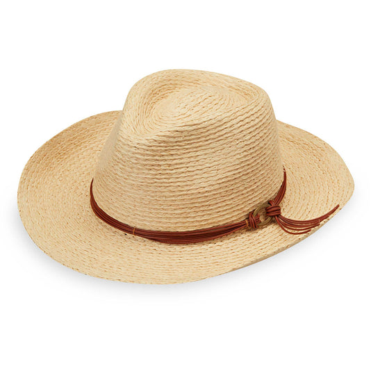 Quinn sun hat by Wallaroo, featuring a fedora crown, leather band, and UPF 50+ rating 