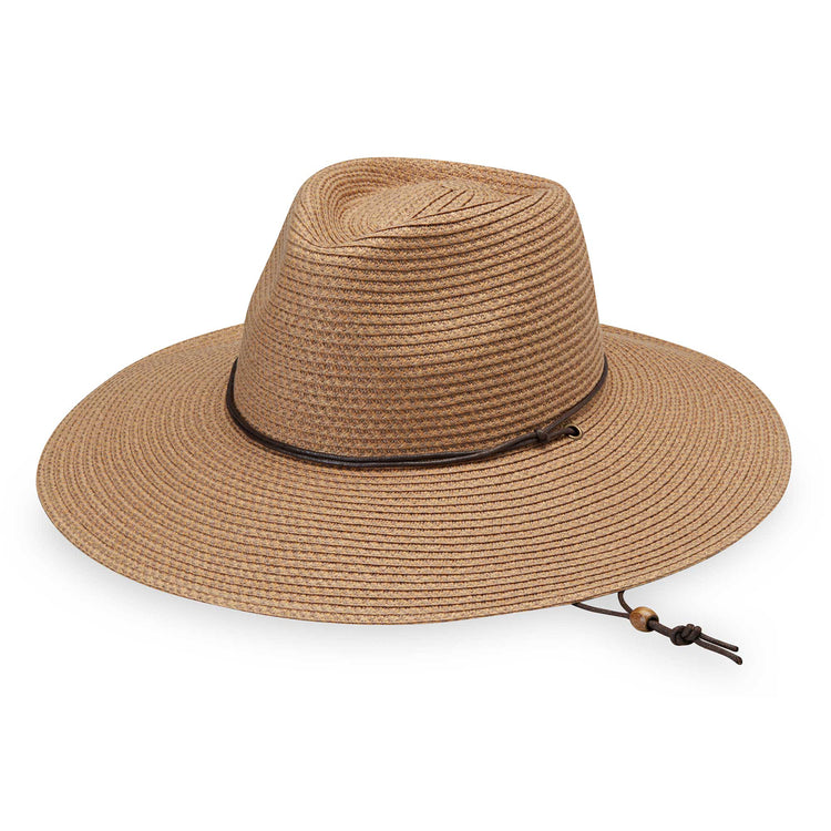 Big wide brim Sanibel sun hat with chinstrap and made with packable, UPF 50 material, Camel