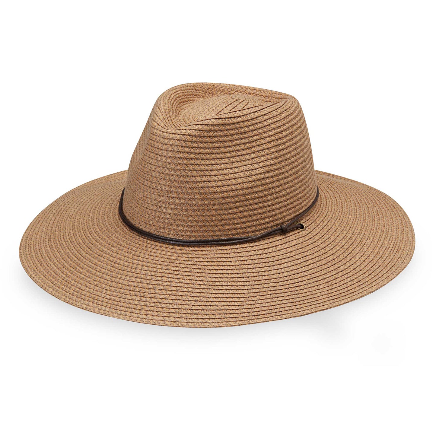 Front view of Sanibel UPF 50+ fedora for women, camel