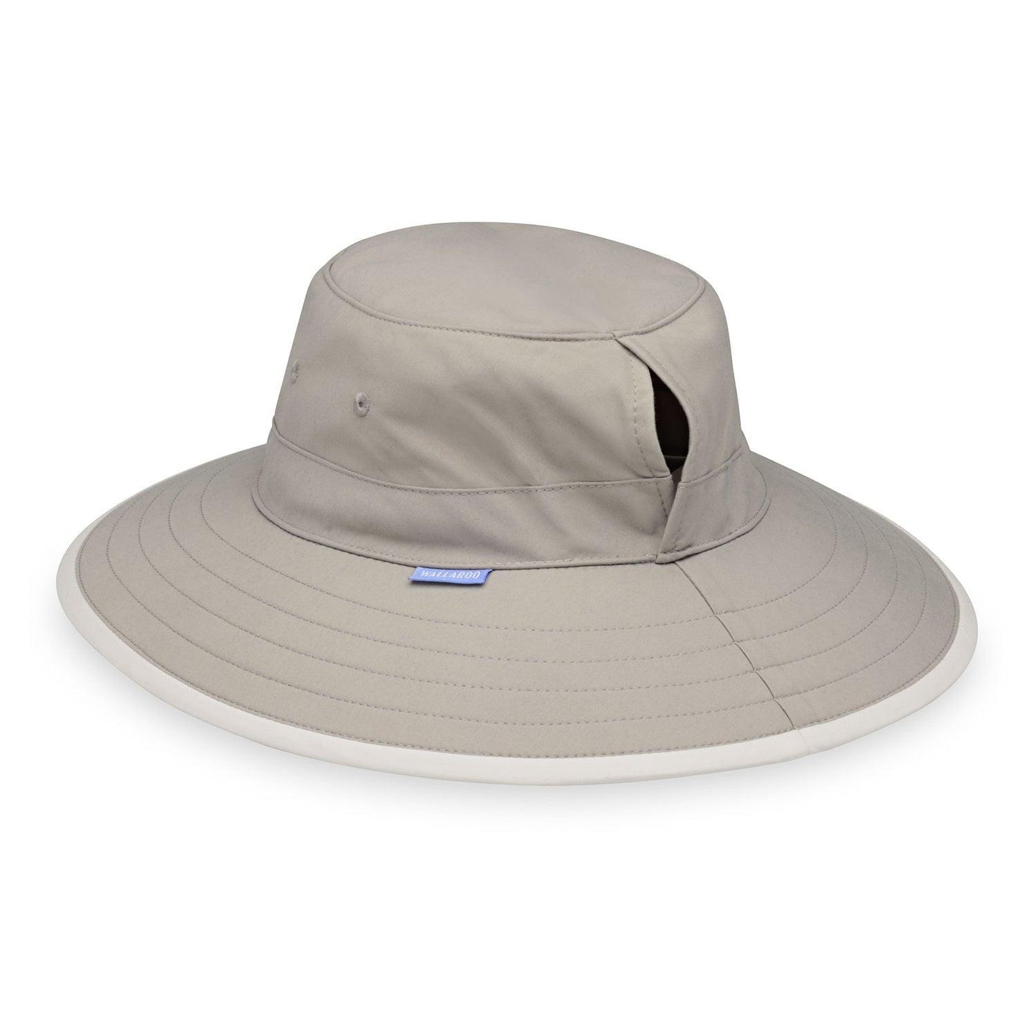 womens wide brim ponytail sun hat by Wallaroo, Stone/Natural