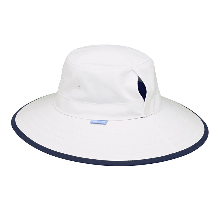 womens wide brim ponytail sun hat by Wallaroo, White/Navy