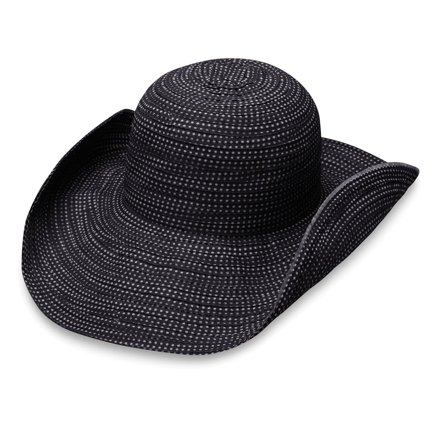 Women's Scrunchie wide brim hat in cowboy form, Black/White Dots