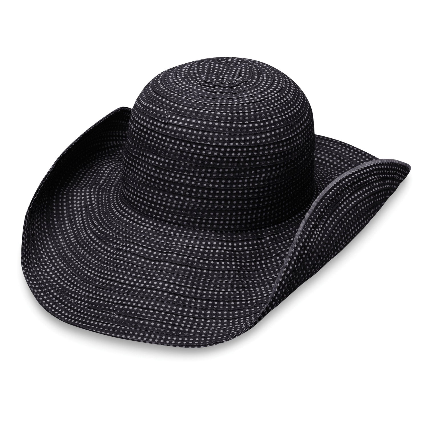 Women's Scrunchie wide brim hat in cowboy form, Black/White Dots