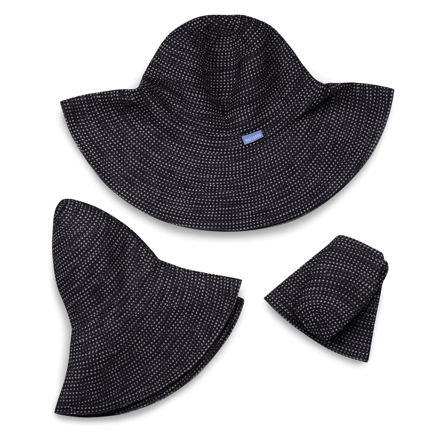 Packable view of women's Scrunchie wide brim hat, Black/White Dots