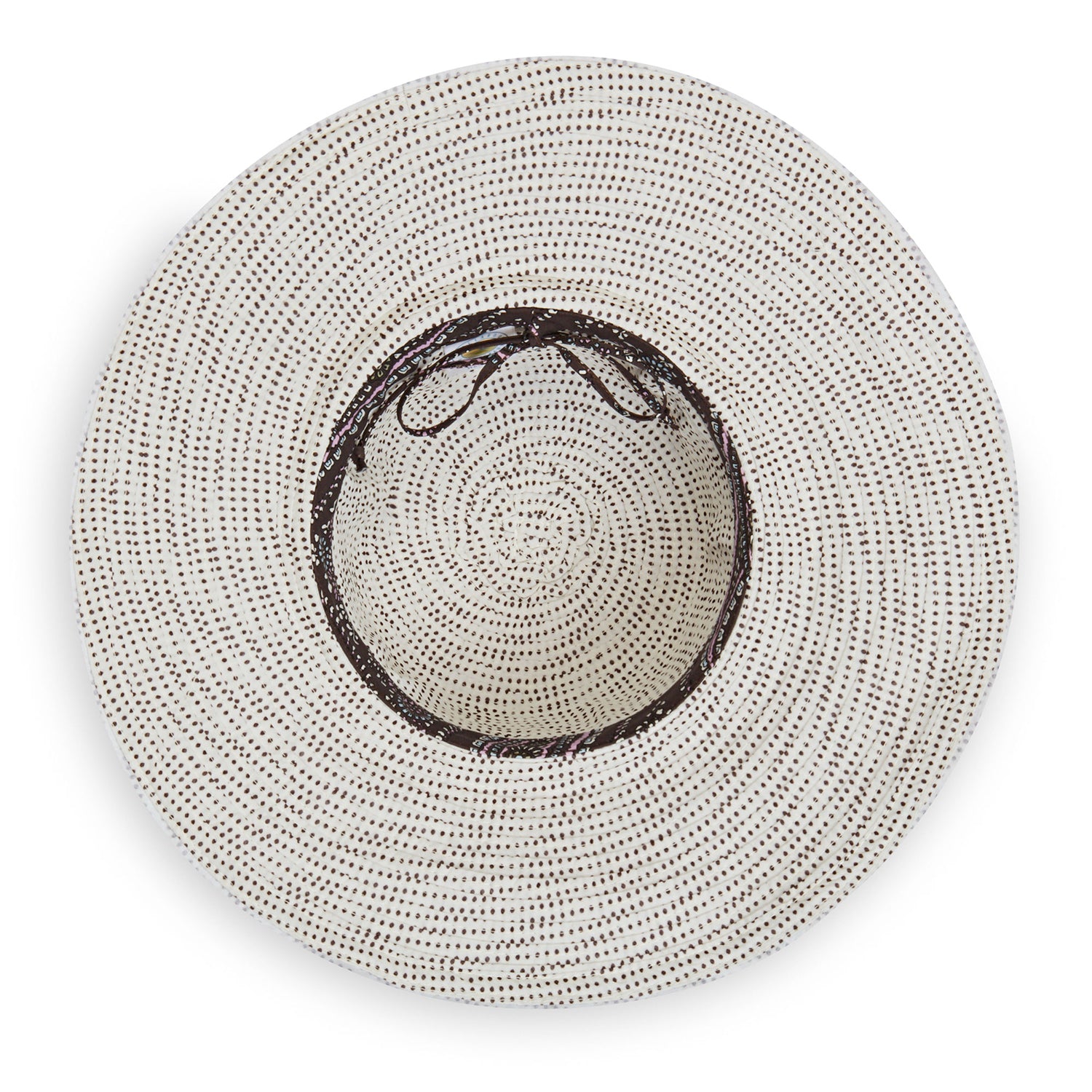 Inside of Wallaroo Scrunchie sun hat, Natural/Brown Dots
