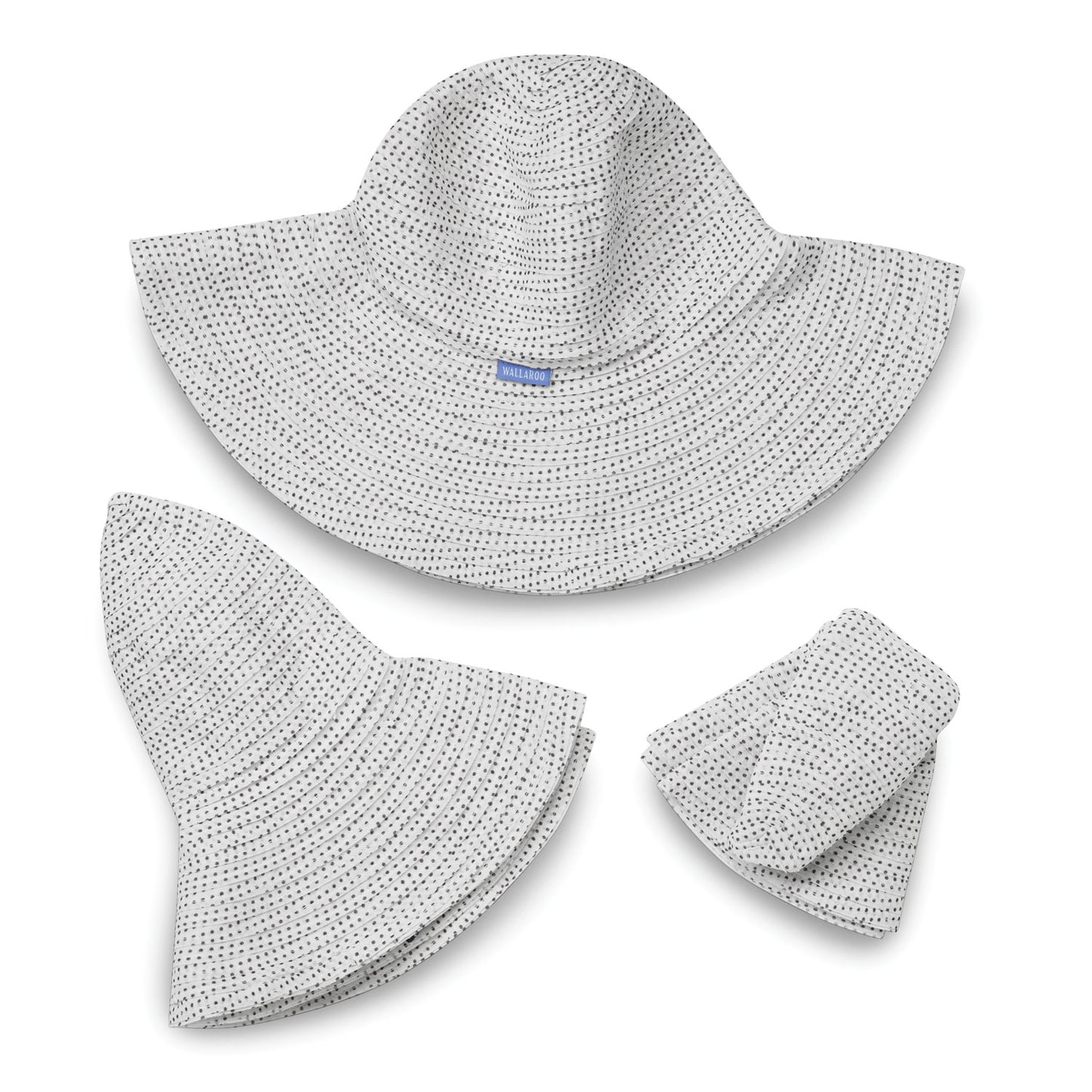 Packable view of UPF 50+ Scrunchie hat in white/black dots.