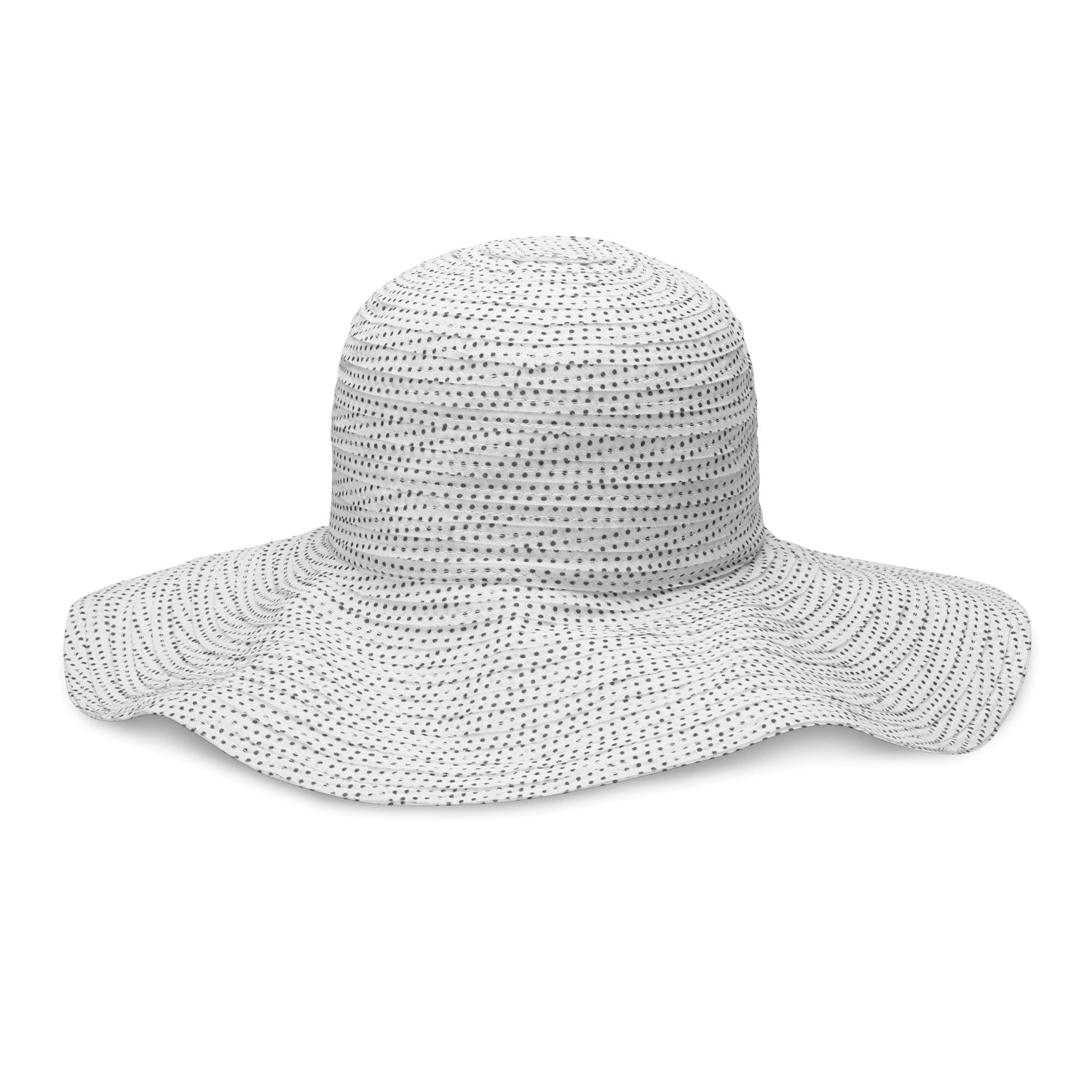Women's Scrunchie wide brim hat in wavy form, White/Black Dots