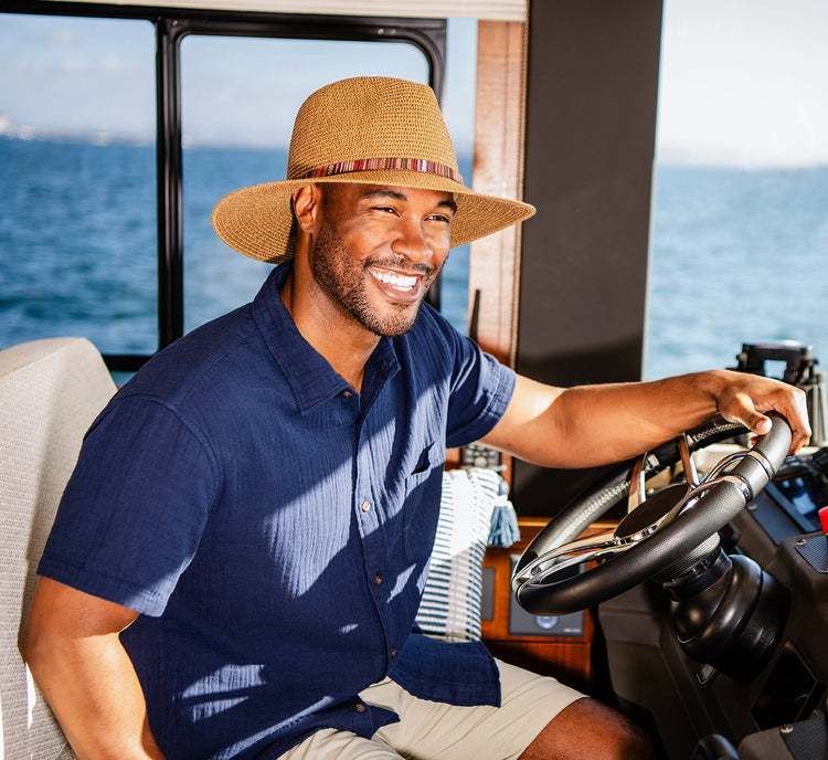 man wearing a xl fedora style sun hat by wallaroo