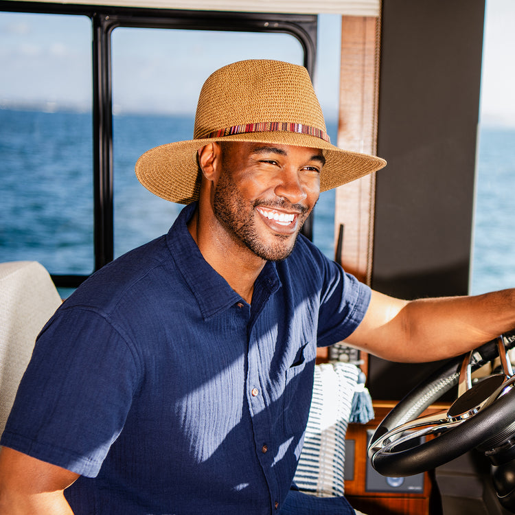 man wearing a xl fedora style sun hat by wallaroo, Camel