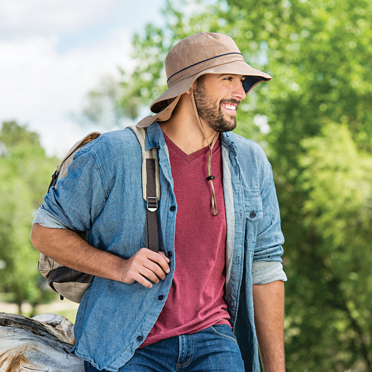 Shelton bucket sun hat for men by Wallaroo, featuring a lightweight, breathable, and hidden neck flap for UPF protection recommended by the Skin Cancer Foundation, 'Camel/Navy'