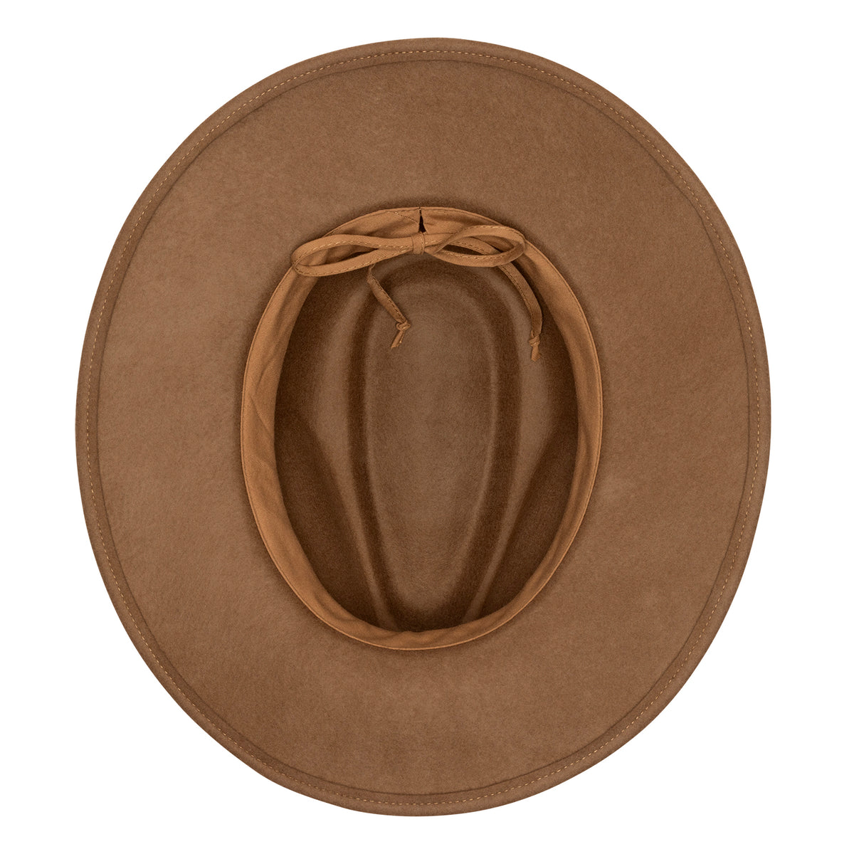A top-down view of the inside of a classic felt fedora hat in a warm camel brown color, showing the adjustable inner string to find the perfect fit on a solid white background.