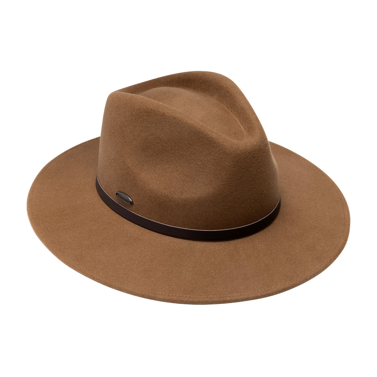 A classic felt fedora hat in a warm camel brown color, featuring a black band with a small metallic Wallaroo logo badge on the side, set against a plain white background.