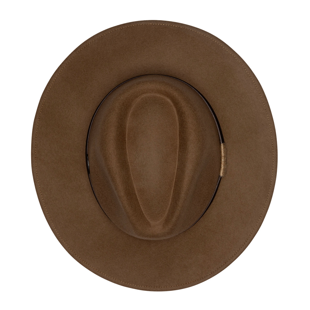 A top-down view of a classic felt fedora hat in a warm camel brown color, showing the top of the crown on a solid white background.