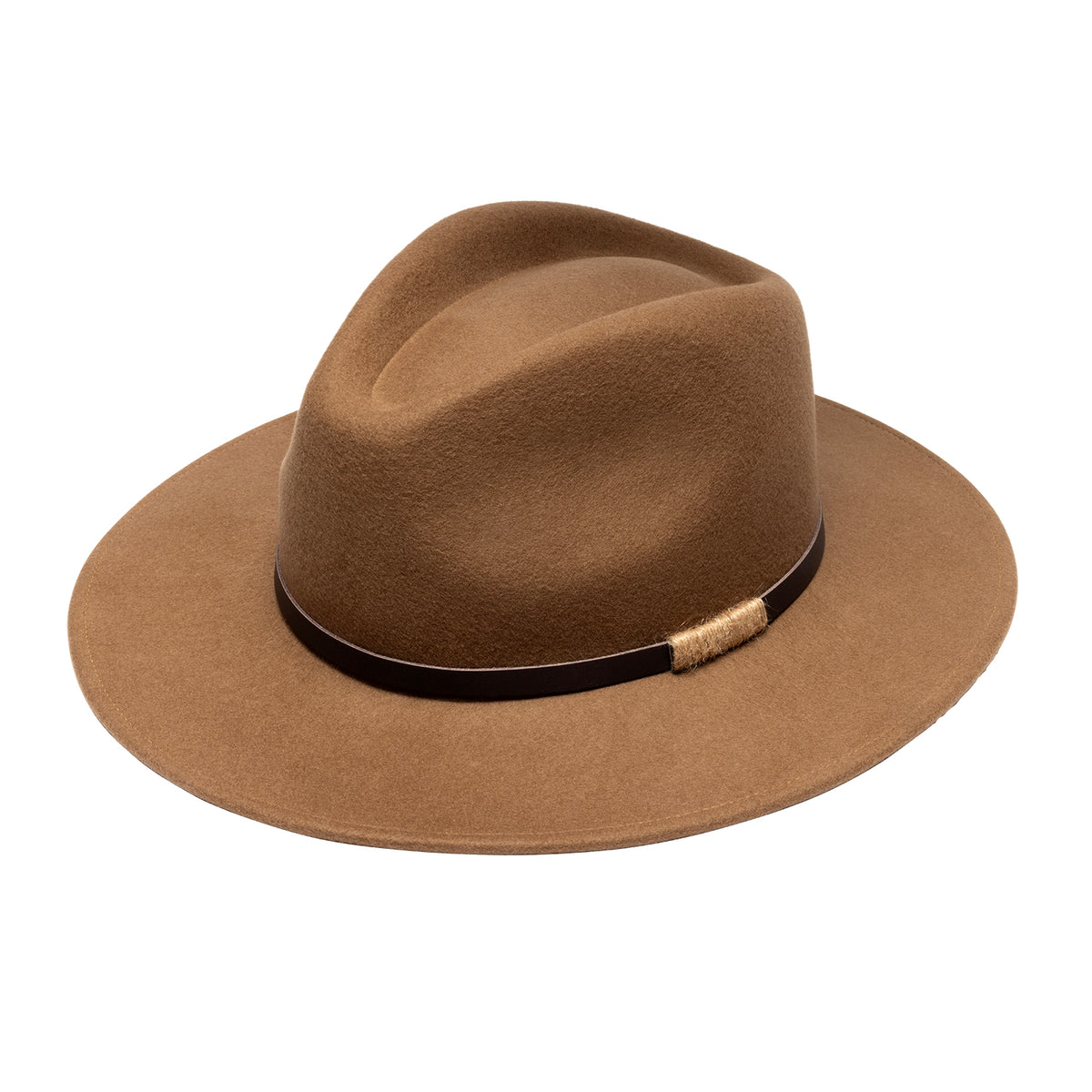 A classic felt fedora hat in a warm camel brown color, featuring a black band with a textured jute-wrapped detail, set against a plain white background.