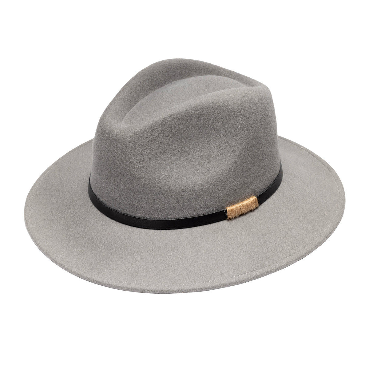 A classic grey felt fedora hat featuring a black band with a textured jute-wrapped detail, set against a plain white background. 