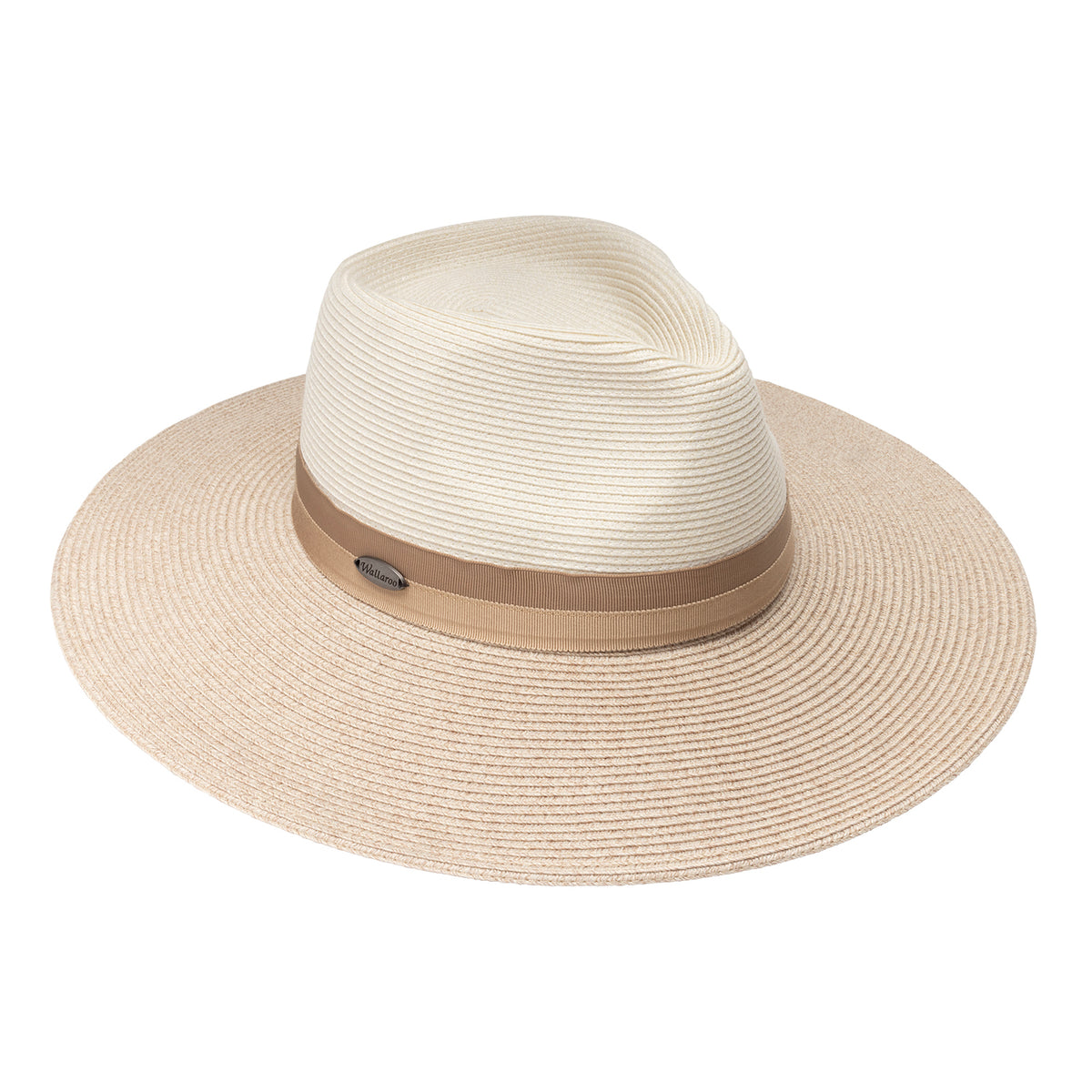 The Wallaroo Solitaire hat by Jane Seymour in mixed camel with a beige ribbon band and a metal logo plaque against a plain white background.