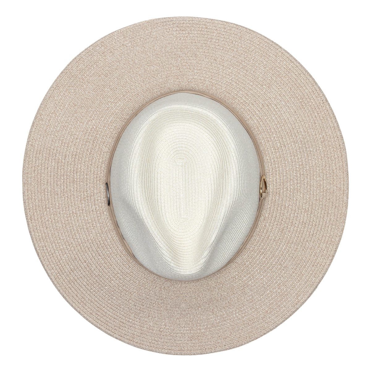 Top-down view of the Wallaroo Solitaire hat by Jane Seymour in mixed camel, highlighting the crown and wide beige brim against a plain white background.