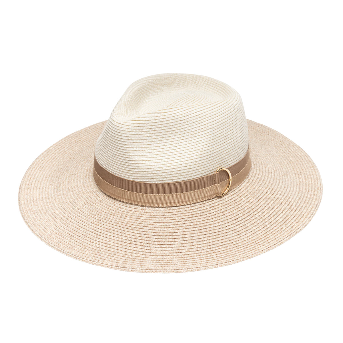 The Wallaroo Solitaire hat by Jane Seymour in mixed camel with a beige ribbon band and a gold-tone ring detail against a plain white background.