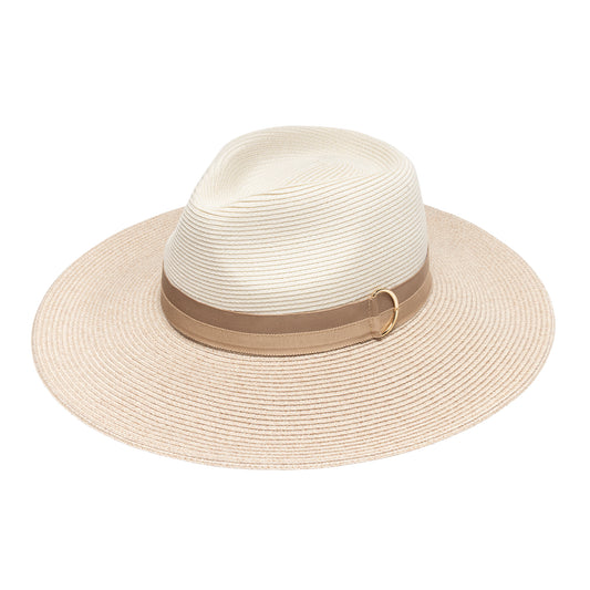 The Wallaroo Solitaire hat by Jane Seymour in mixed camel with a beige ribbon band and a gold-tone ring detail against a plain white background.