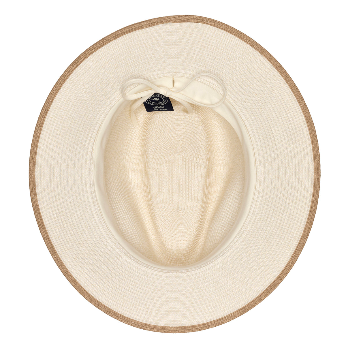 A top-down view of the wide-brimmed Sterling UPF 50+ hat in ivory with a tan outer rim showing the internal adjustable drawstring for a better fit against a white background