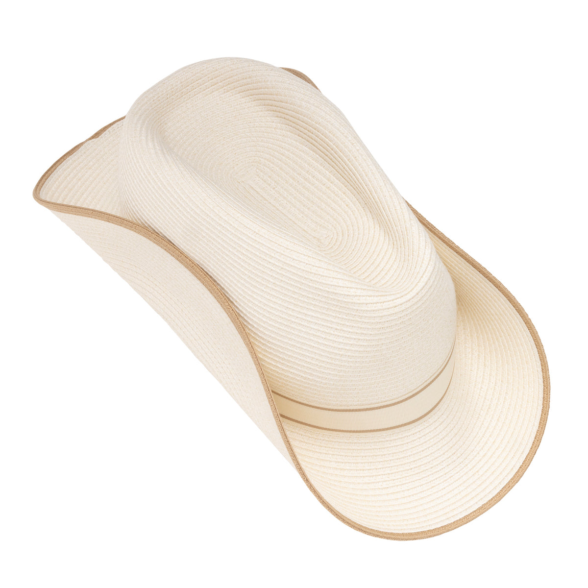 A view of the Sterling UPF 50+ fedora hat in ivory shown packed using the soft taco fold method against a white background.