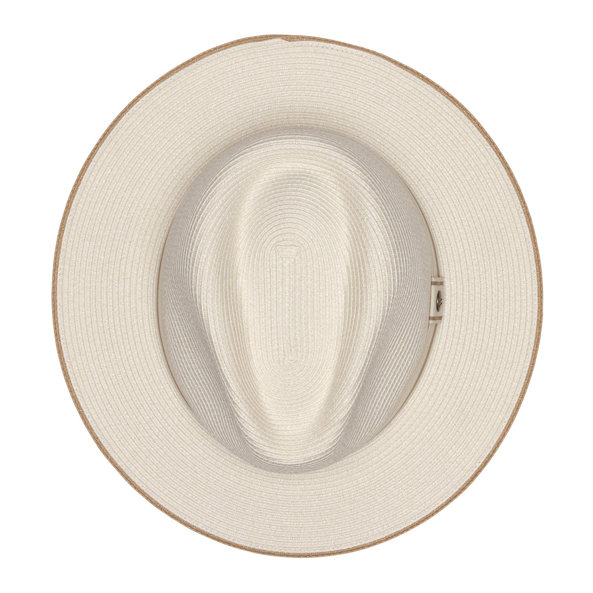 A top-down view of the wide-brimmed Sterling UPF 50+ fedora hat in ivory, showing the woven texture and a small metal brand tag on the side.