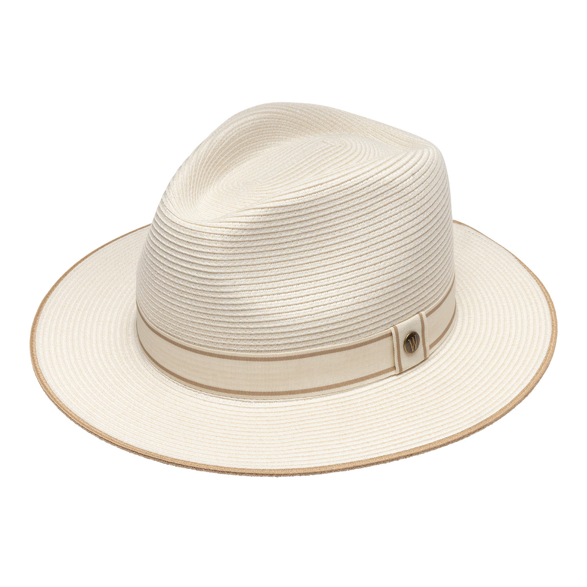 The Sterling UPF 50+ fedora hat in ivory, featuring a matching ivory and beige band around the crown and a small metal button detail, is shown against a plain white background.