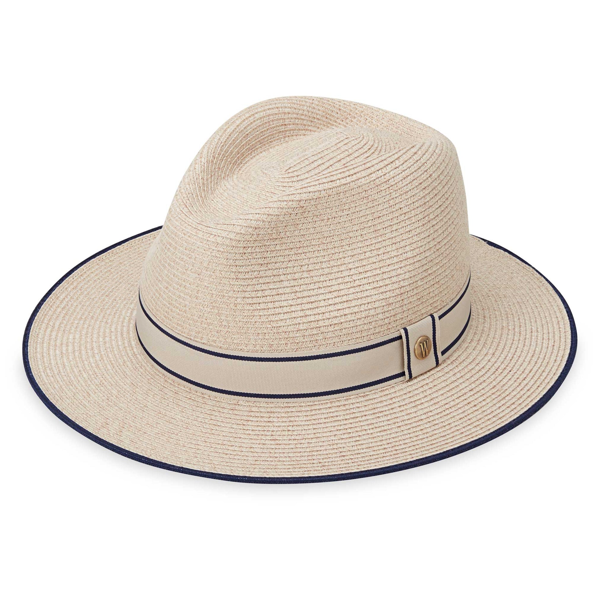 Front of men's Sterling fedora travel sun hat, Mixed Camel