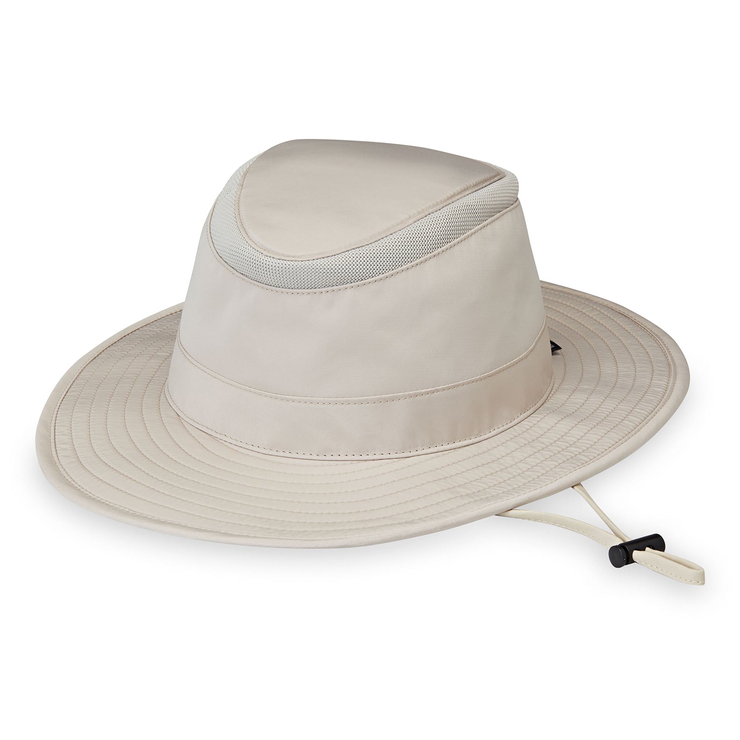 Summit bucket sun hat for men by Wallaroo, featuring a lightweight, breathable, and waterproof design, hidden pocket for keys, and UPF protection recommended by the Skin Cancer Foundation, Stone