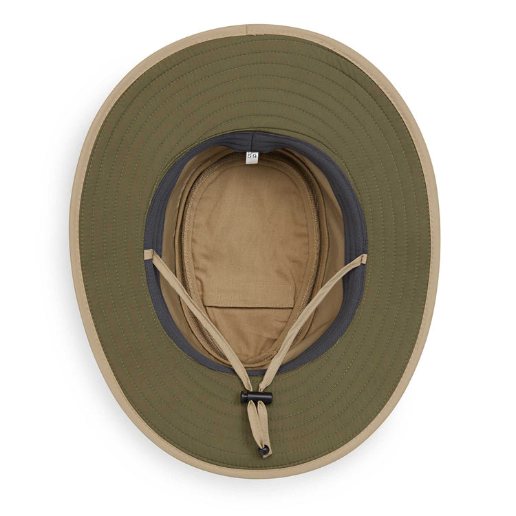 Summit outdoor sun hat by Wallaroo, featuring a chin strap, UPF 50+ rating, and is packable , Khaki