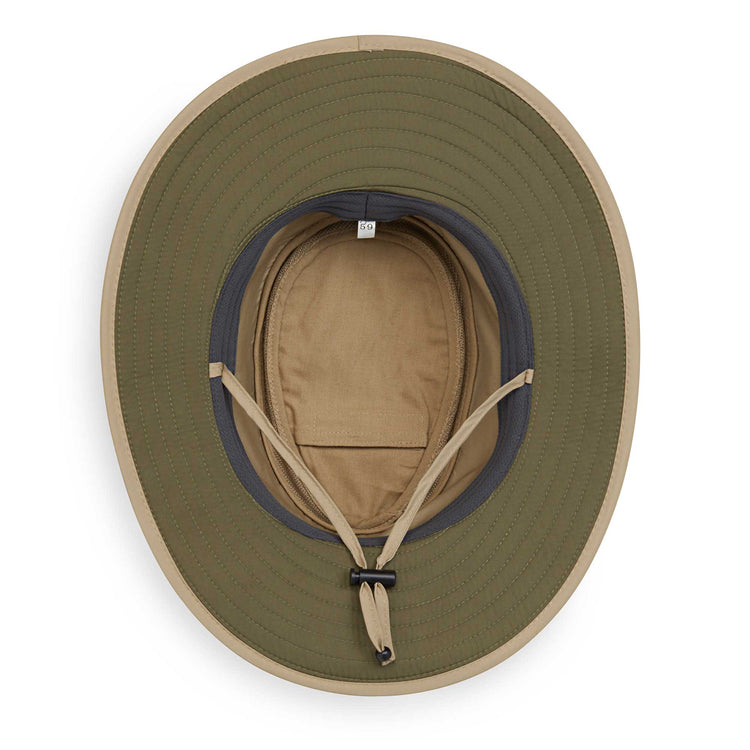 Interior of Summit sun hat by Wallaroo, featuring a chin strap, UPF 50+ rating, and is packable 