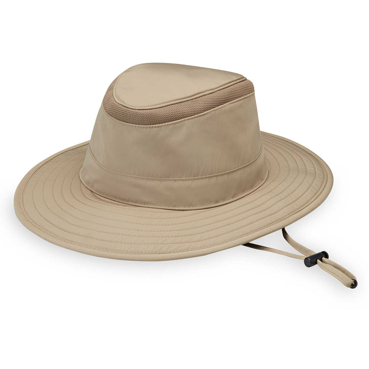 Summit waterproof outdoor sun hat by Wallaroo, has a UPF 50+ rating, and is packable, Khaki