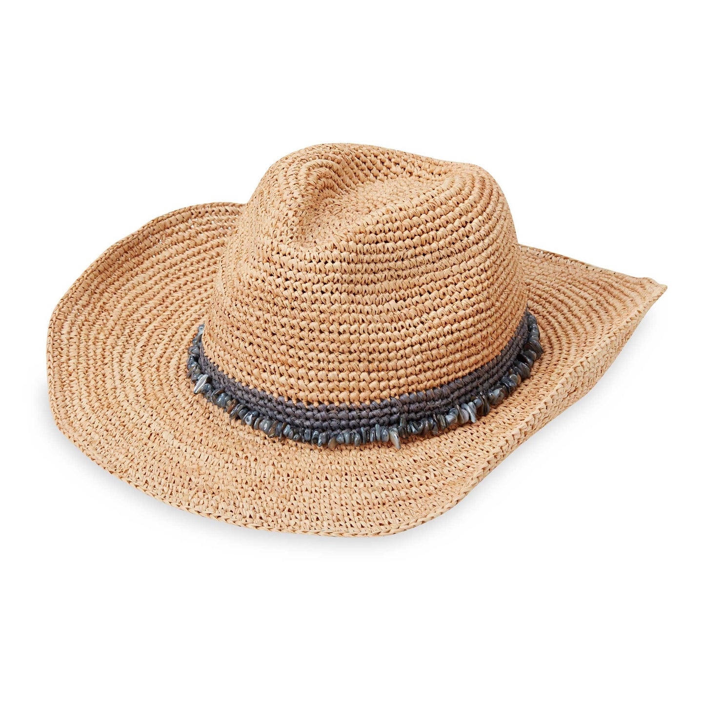 Front of women's Tahiti Cowboy raffia hat, Dusty Blue