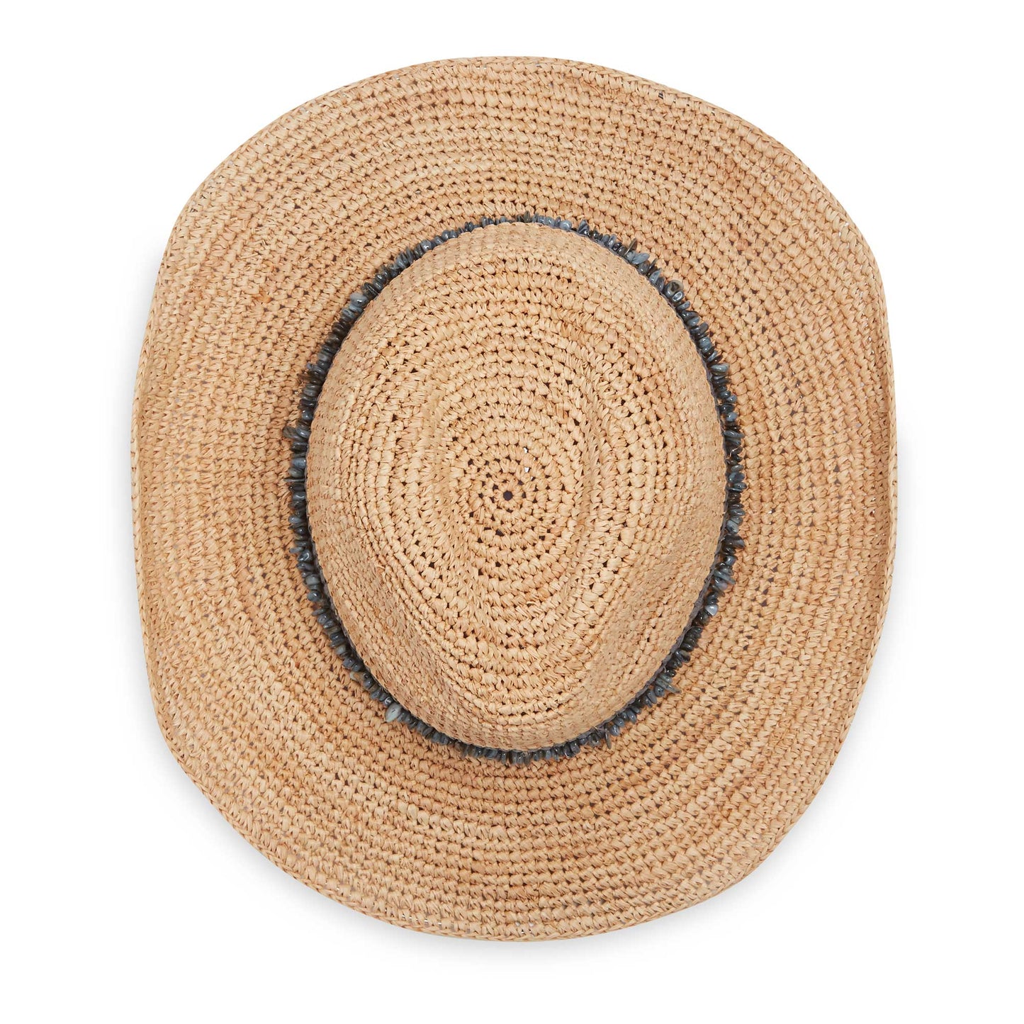 Top of women's Tahiti Cowboy raffia hat, Dusty Blue