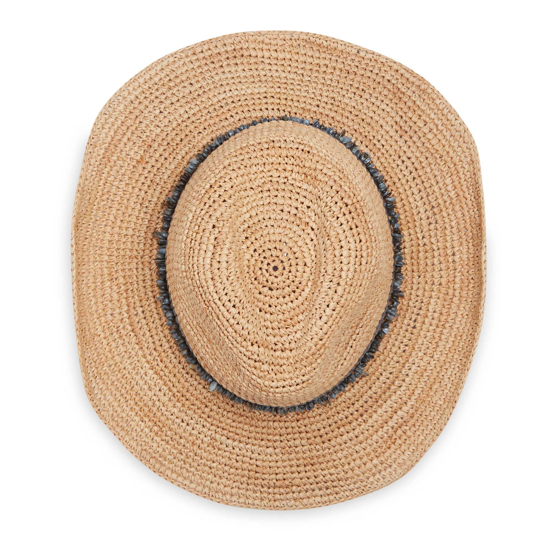 Top of women's Tahiti Cowboy raffia hat, Dusty Blue