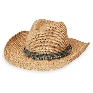 Tahiti cowboy sun hat for women by Wallaroo, featuring a fashionable short brim, natural raffia fiber, and lightweight design, ideal for sunny vacations and outdoor events, Sage