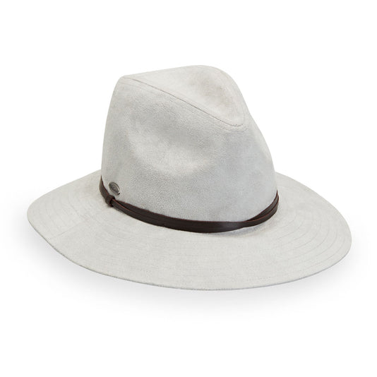 front of fedora style sun hat made from faux suede, Light Grey