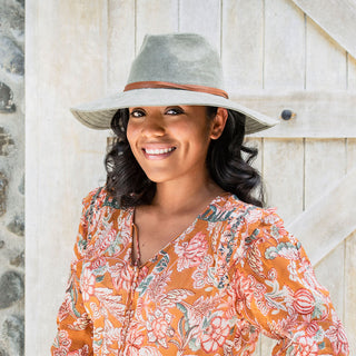 Woman wearing a wool-felt winter sun hat by Wallaroo, Sage