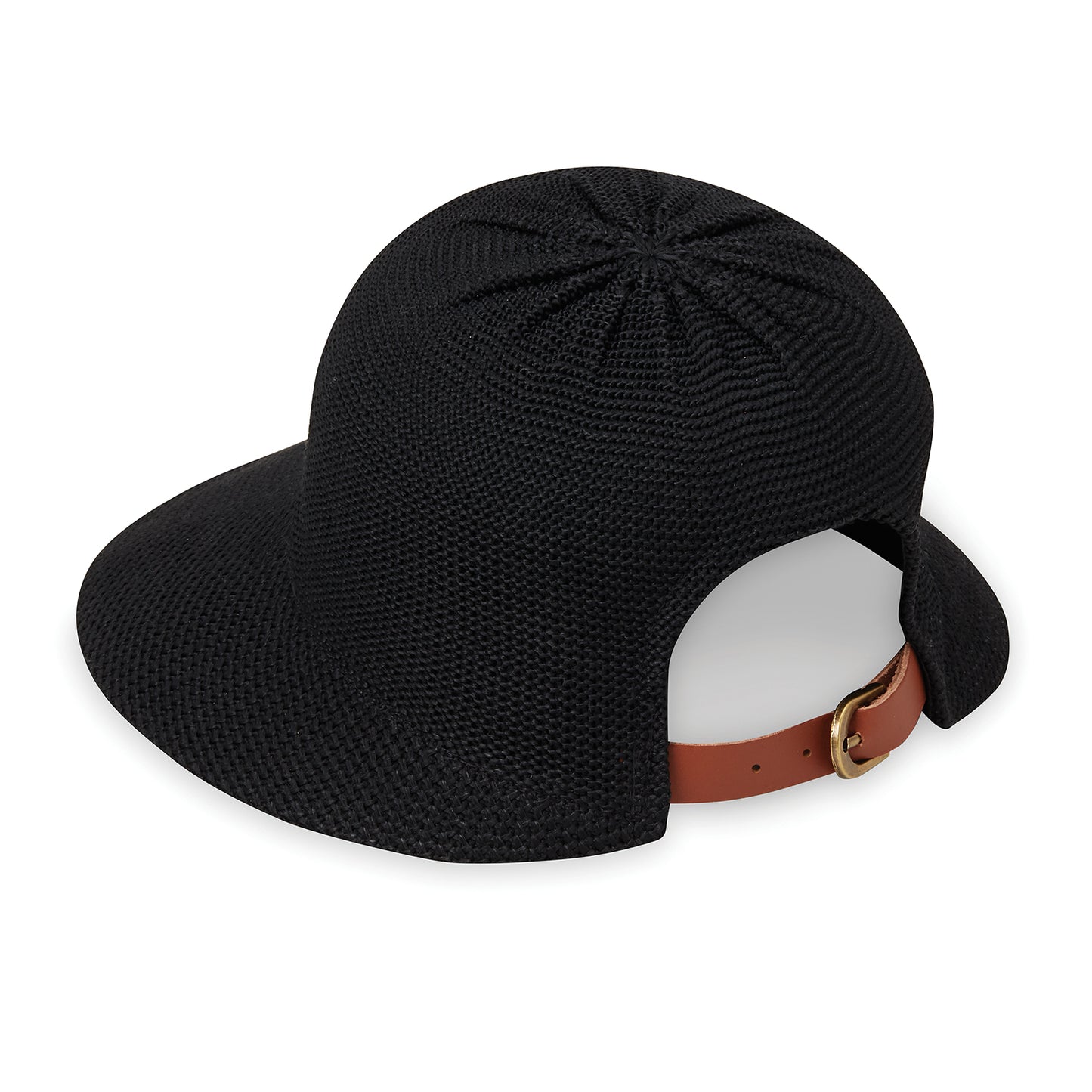 Back of women's Victoria Cap poly-straw ponytail packable hat for travel, Black