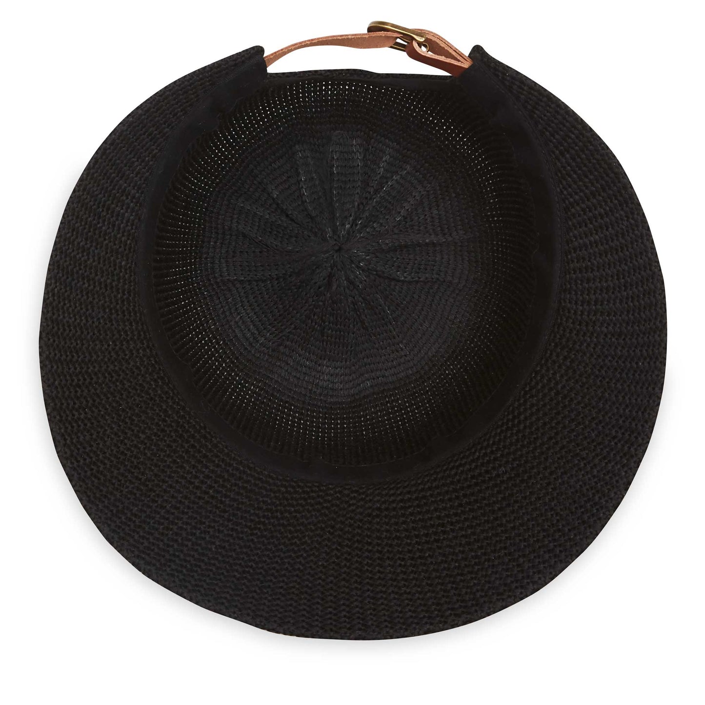 Inside of women's Victoria Cap poly-straw ponytail packable hat for travel, Black