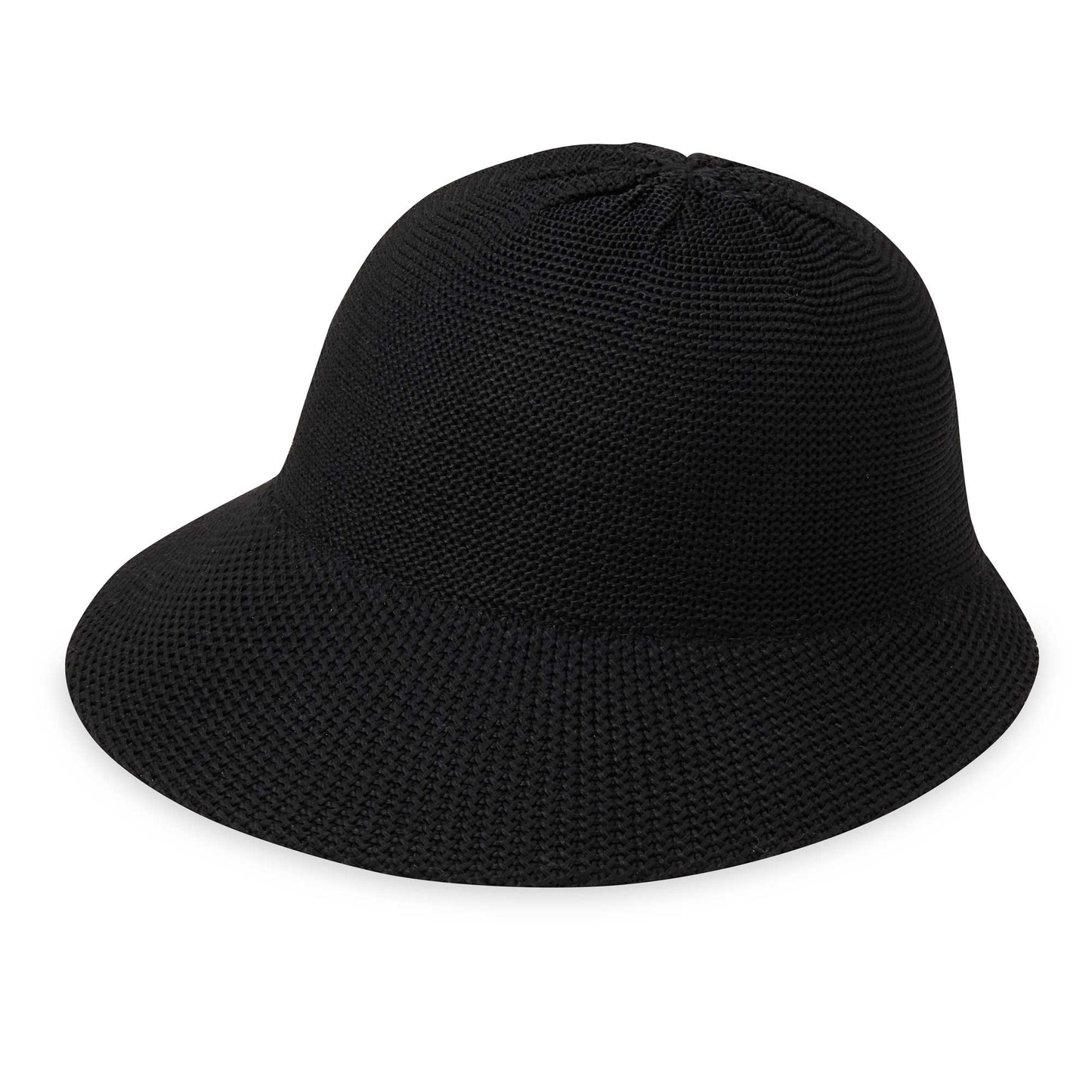 Front of women's Victoria Cap poly-straw ponytail packable hat for travel, Black