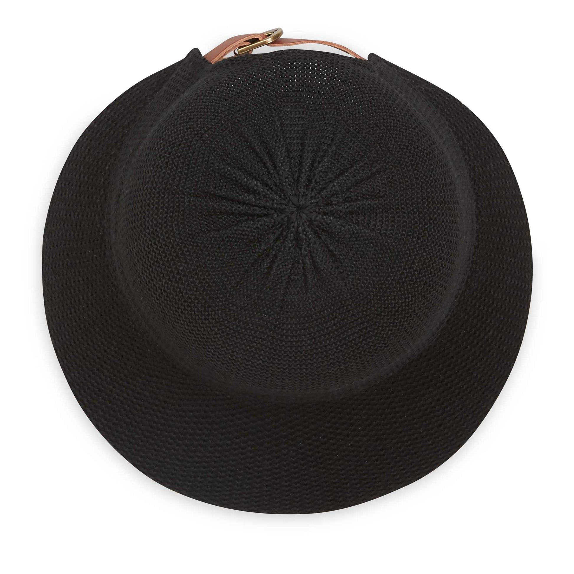Top of women's Victoria Cap poly-straw ponytail packable hat for travel, Black