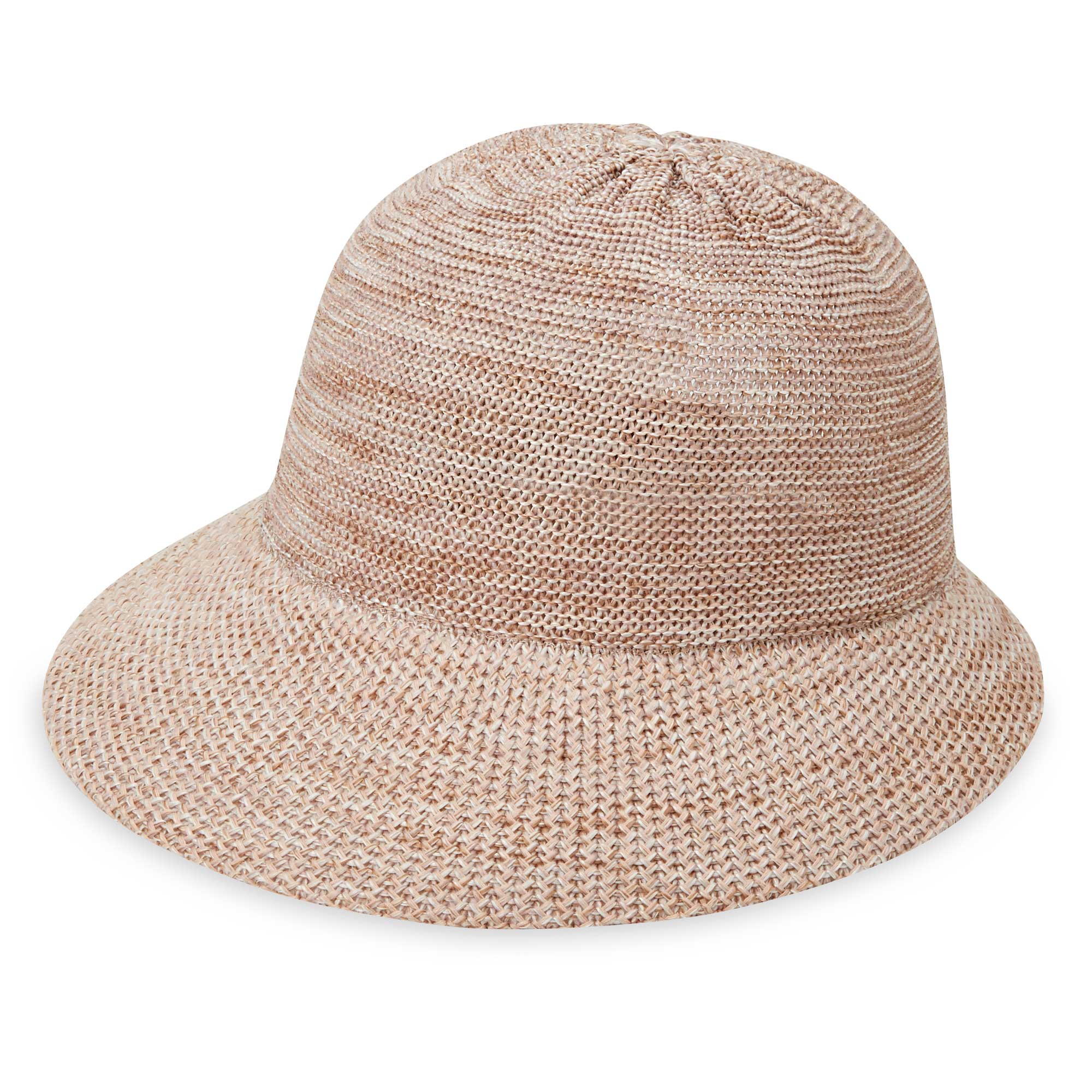 Front of women's Victoria Cap poly-straw ponytail packable hat for travel, Mixed Camel