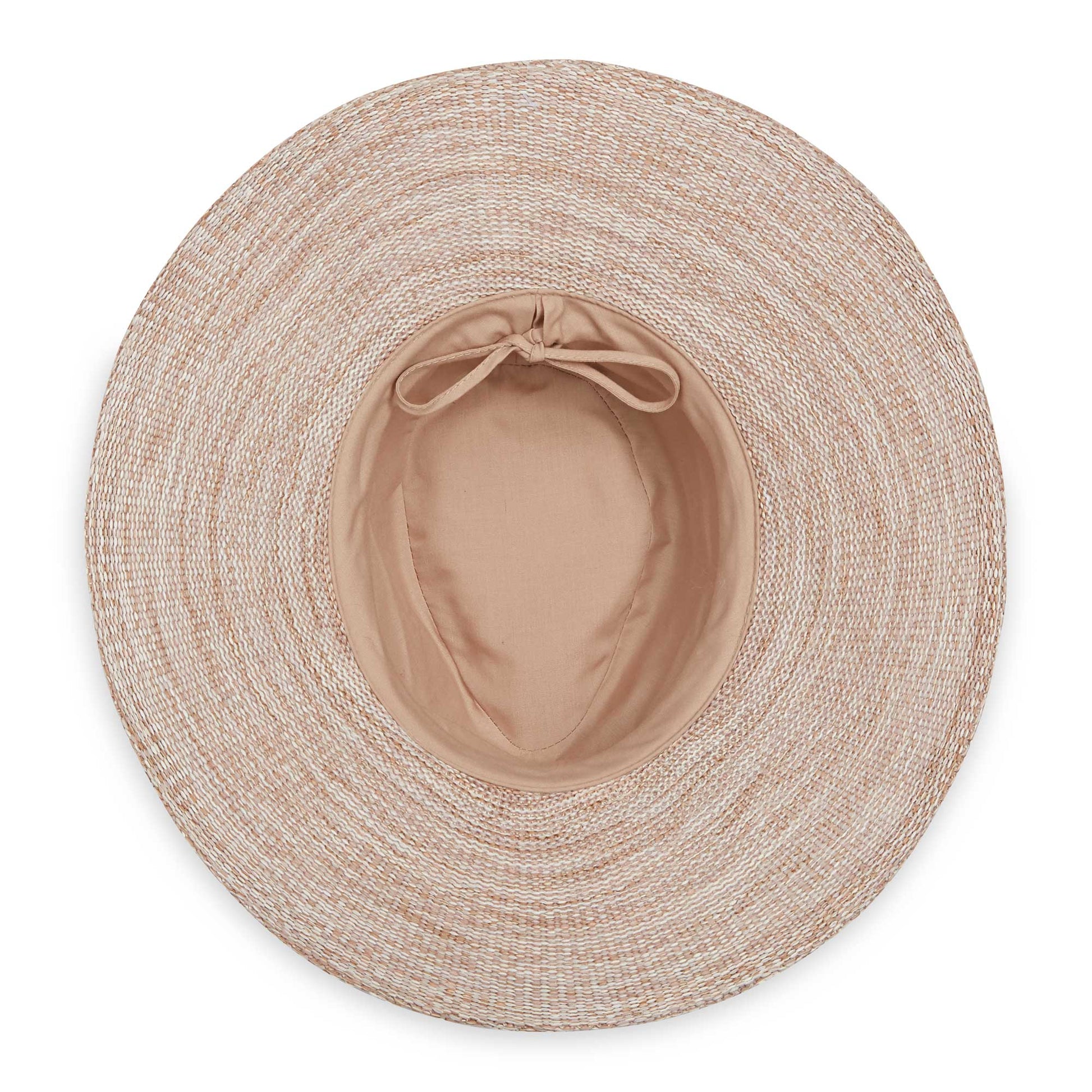 Inside of women's Victoria Fedora Diva poly-straw packable hat for travel, Mixed Camel